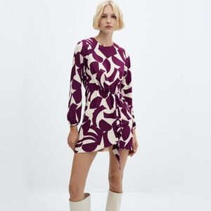 MANGO GEO PRINTED BOW DRESS, retails for $69.99, size 4, burgundy/cream